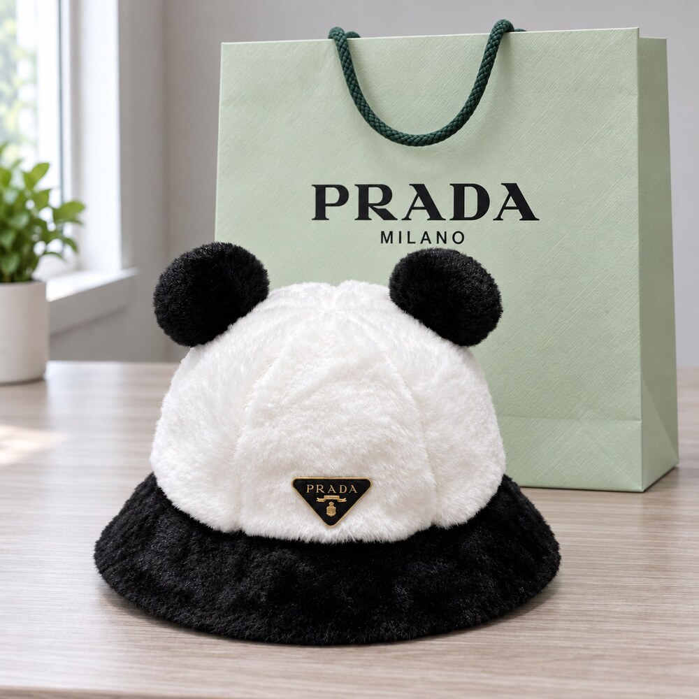 Prada Black White Plush Ear Bucket Hat